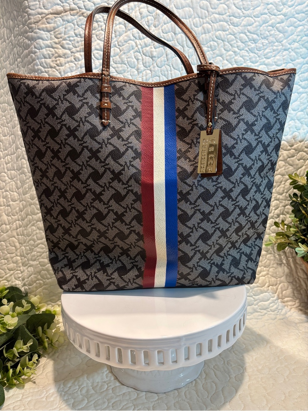 Juicy Couture Brown Scotty Logo Tote with Red, White & Blue Stripe